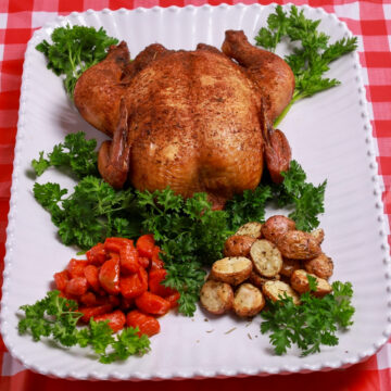 Golden-brown smoked whole chicken with crispy skin
