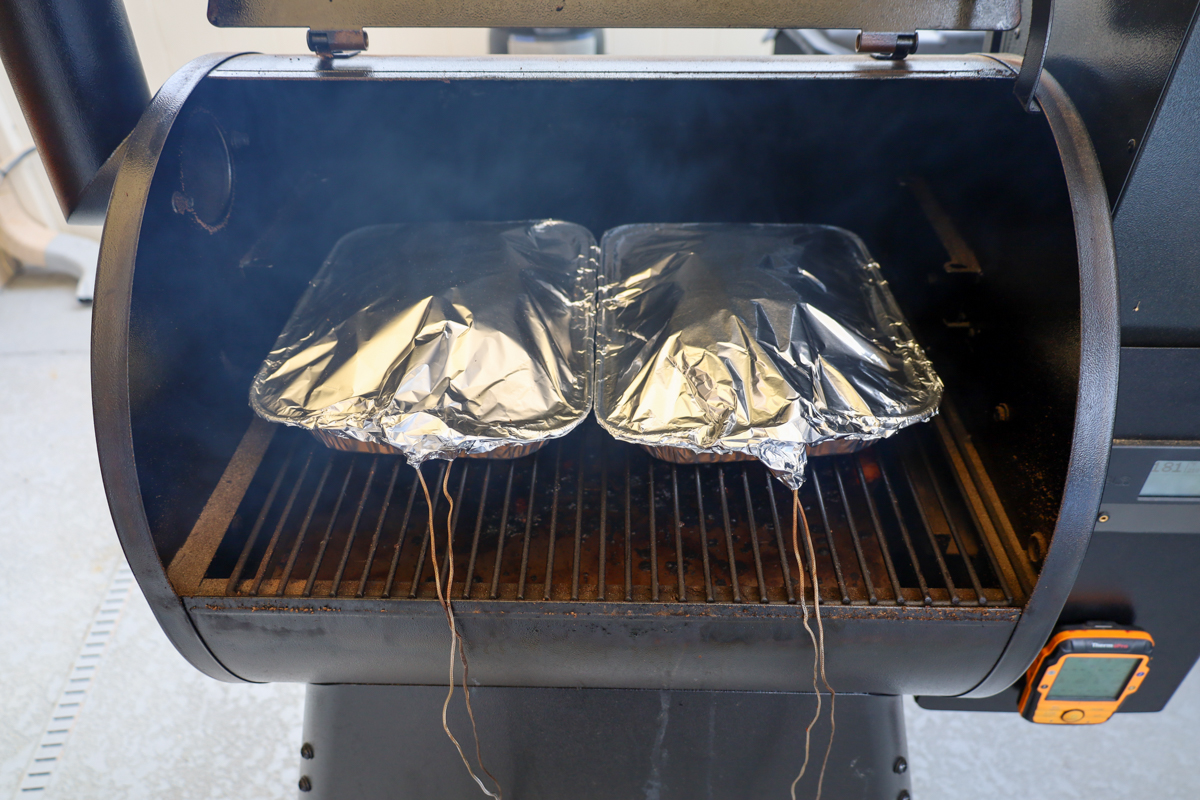 Boston butt wrapped in the smoker.